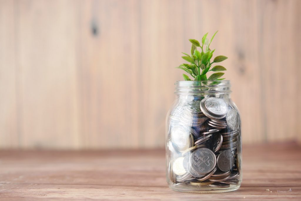 A glass jar containing coins and a plant growing from it.