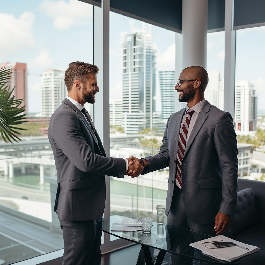 two business brokers shaking hands after a successful business transaction in Tampa Bay.