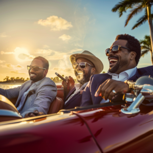 Three Tampa Business Brokers celebrating a huge sale driving around in their convertible.